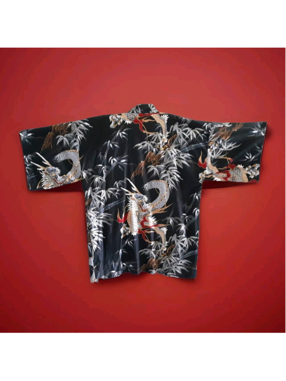 Japanese HAORI Jacket DRAGON & BAMBOO Cotton Gold Detail Sequin Eyes Rich Colors